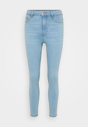 Light blue denim skinny jeans with a high waist, featuring a front button and zipper closure, five pockets, and subtle fading.