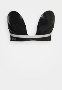 Black strapless bra with molded cups, glossy texture, and a contrasting silver band at the base. Designed for a seamless look under clothing.