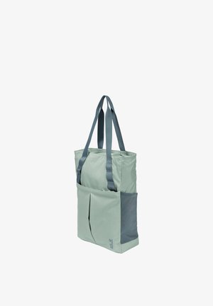 Borsa a tracolla verde chiaro con manici lunghi grigio scuro, tasche frontali e laterali e chiusura con cerniera in alto.