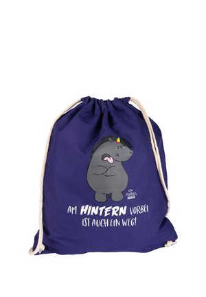Dark blue drawstring bag with a cartoon grumpy unicorn and German text "Am hinten vorbei ist auch ein Weg!" on the front.
