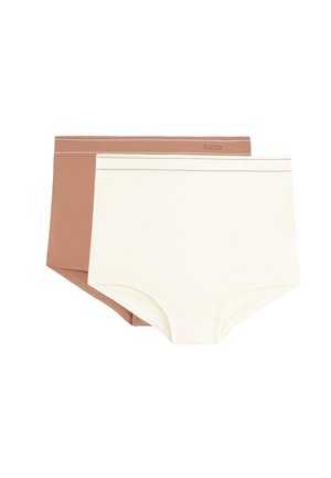 Due slip da donna in cotone senza cuciture beige e crema, con una fascia larga e un logo discreto del marchio vicino al bordo superiore.