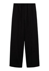 Pantalons noirs à jambes larges en tissu doux, dotés d'une taille à cordon de serrage et sans motifs ni détails en métal supplémentaires.