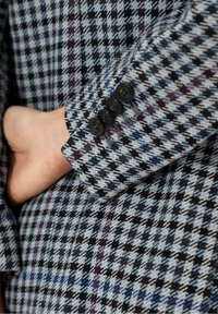 Main dans la poche de la manche d'une veste à motif pied-de-poule bleu et noir avec quatre boutons noirs.