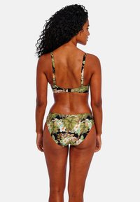 Bloemig bikini-set met een zwarte achtergrond, groene palmbladeren en lichtroze bloemen. Verstelbare bandjes en een haaksluiting op de bovenkant.