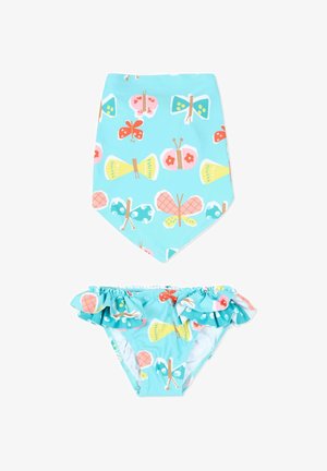 Set da bagno azzurro per bambina con motivi colorati di farfalle, composto da slip bikini arricciati e un foulard triangolare per il collo.