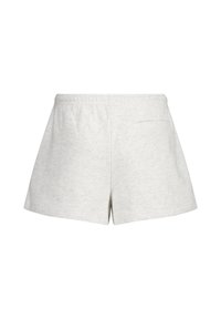 Shorts en coton gris clair avec une taille élastique, poches latérales et une poche arrière unique ; texture lisse et coupe décontractée.