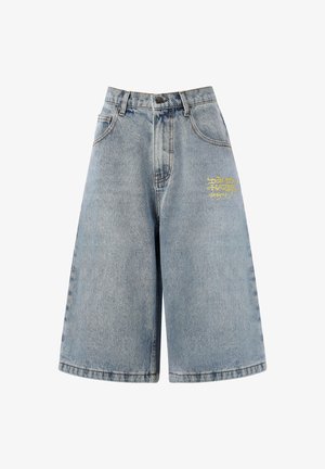 Light blue denim shorts with a wide leg design, featuring yellow embroidered text on the front. Five-pocket style with a button closure.