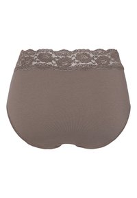Braune hochtaillierte Unterwäsche mit einem Blumen-Spitzenbund. Weicher Stoff mit glatter Textur und nahtlosem Rückendesign.