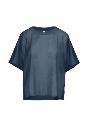 Blusa blu navy dal taglio libero realizzata in tessuto leggero. Presenta maniche ampie, scollo rotondo e un orlo posteriore leggermente più lungo.