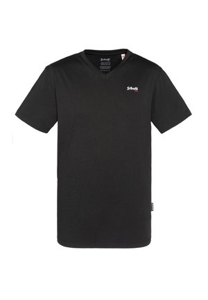 T-shirt nera a maniche corte con scollatura a V, realizzata in cotone. Presenta un piccolo logo bianco sul lato sinistro del petto e un'etichetta sulla cucitura laterale.