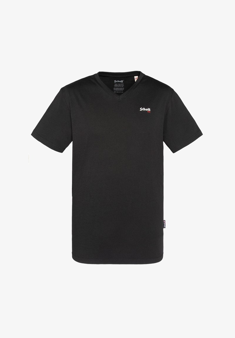 T-shirt noir à manches courtes avec un col en V, fabriqué en coton. Présente un petit logo blanc sur la poitrine gauche et une étiquette sur la couture latérale.
