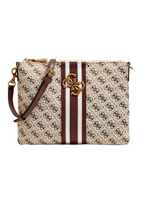 Beżowa kopertówka z tkaniny z brązowym wzorem logo, z brązowym skórzanym paskiem, złotymi dodatkami i podwójnymi białymi-brązowymi paskami z przodu.