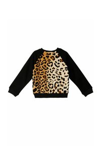 Schwarzer Sweatshirt mit langen Ärmeln, der auf der Rückseite ein Leo-Print-Panel in Brauntönen und Creme zeigt. Weicher, strukturierter Stoff.