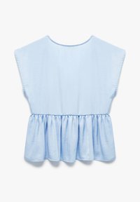Blusa azzurra chiara a maniche corte realizzata in un tessuto morbido con vita peplum arricciata e scollatura rotonda, caratterizzata da una texture liscia.