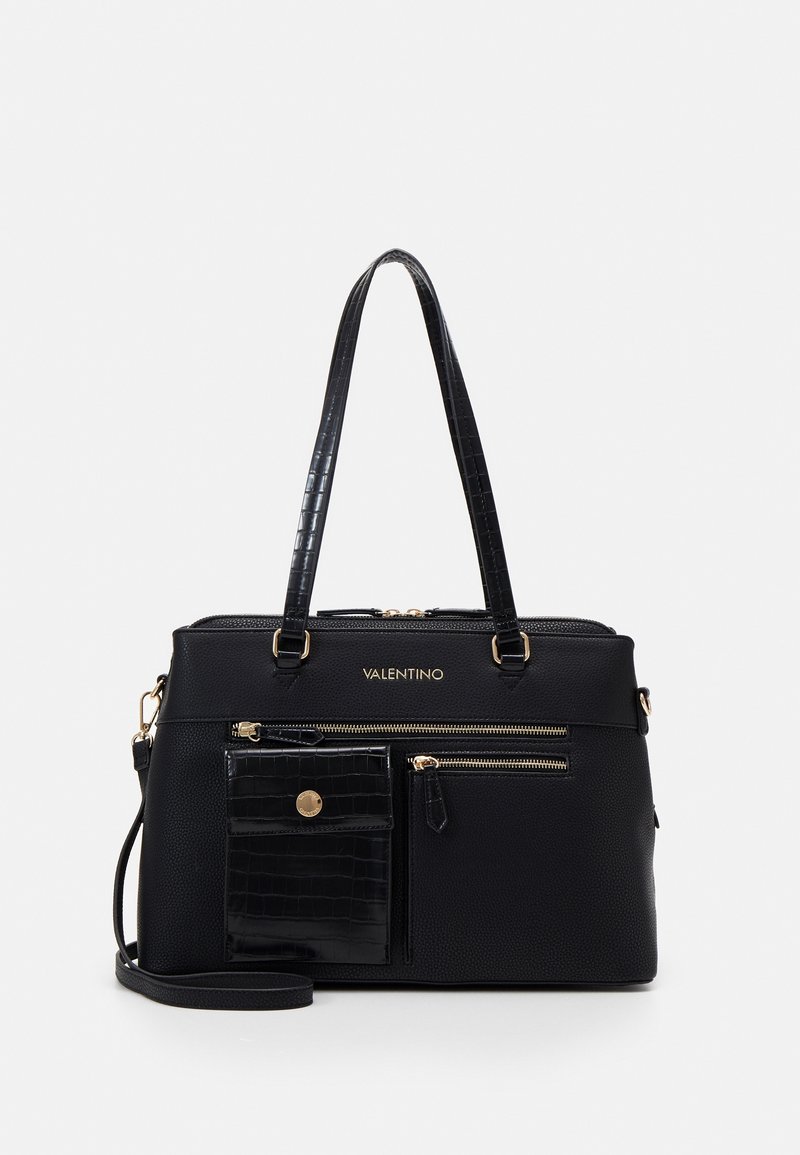 Black Valentino handbag with textured leather, two zippered front pockets, a snap-button pocket, and two long shoulder straps.