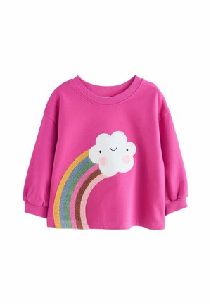 Rosa Sweatshirt mit einem lächelnden Wolkenmotiv und einem bunten Regenbogen. Weiches Material mit gerippten Bündchen und weiter Halslinie.