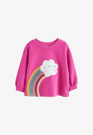 Rožinė džemperis su besišypsančia debesų grafika ir daugiaspalve vaivorykšte. Minkšta medžiaga su storais rankogaliais ir plačiu kaklu.
