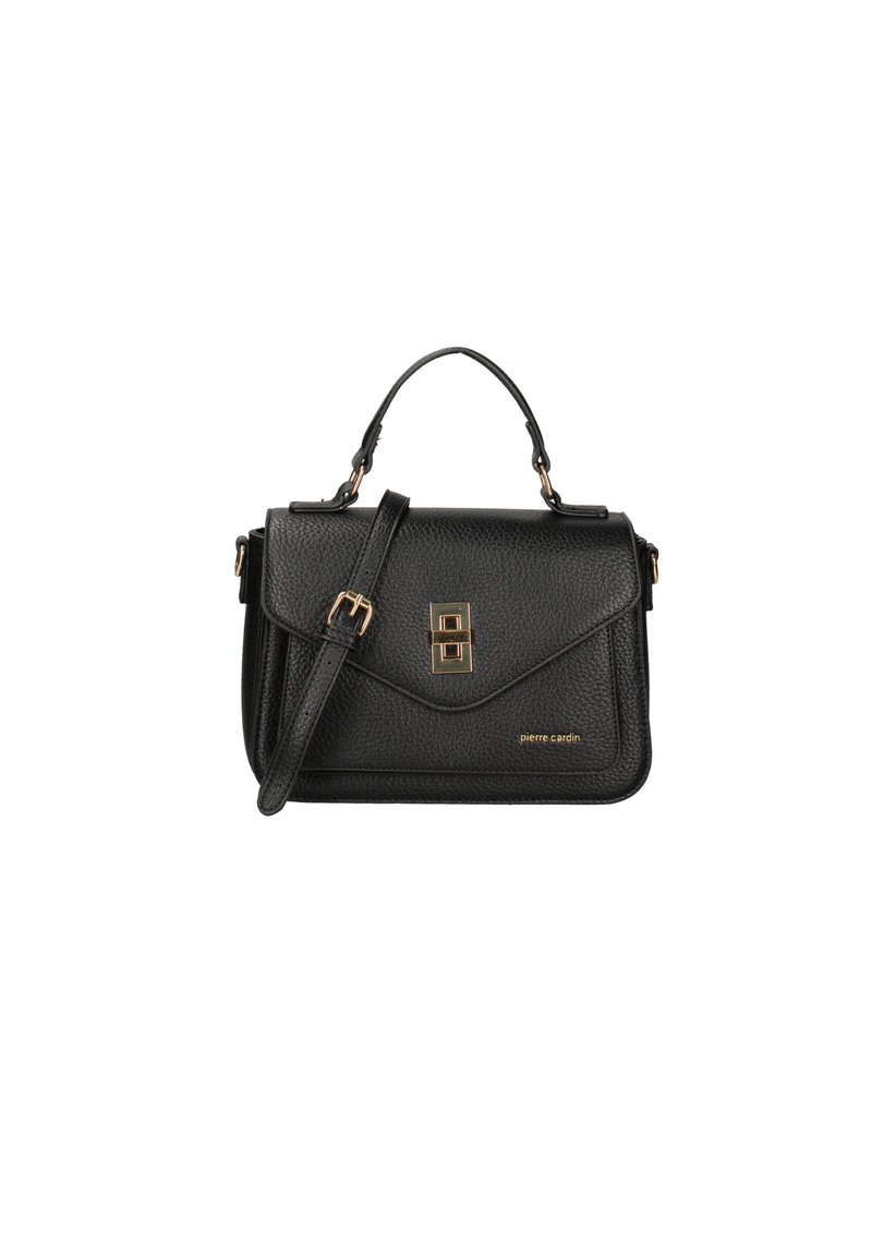 Borsa a tracolla in pelle nera con finitura testurizzata, dotata di una cintura per la spalla e di un manico superiore. Accenti in hardware dorato sul fermo frontale.