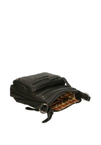 Borsa a tracolla in pelle nera con più scomparti con zip, dotata di una fodera interna a motivo e accessori in metallo resistenti.