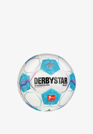 Weißer Fußball mit blauen und pinken geometrischen Mustern, versehen mit dem Text "DERBYSTAR" und den Logos von Bundesliga und Select.