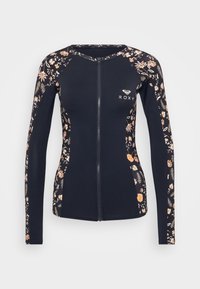 Navy long-sleeve rash guard with a floral pattern. Features a front zipper and Roxy logo at the chest. Made of stretchy, lightweight material.