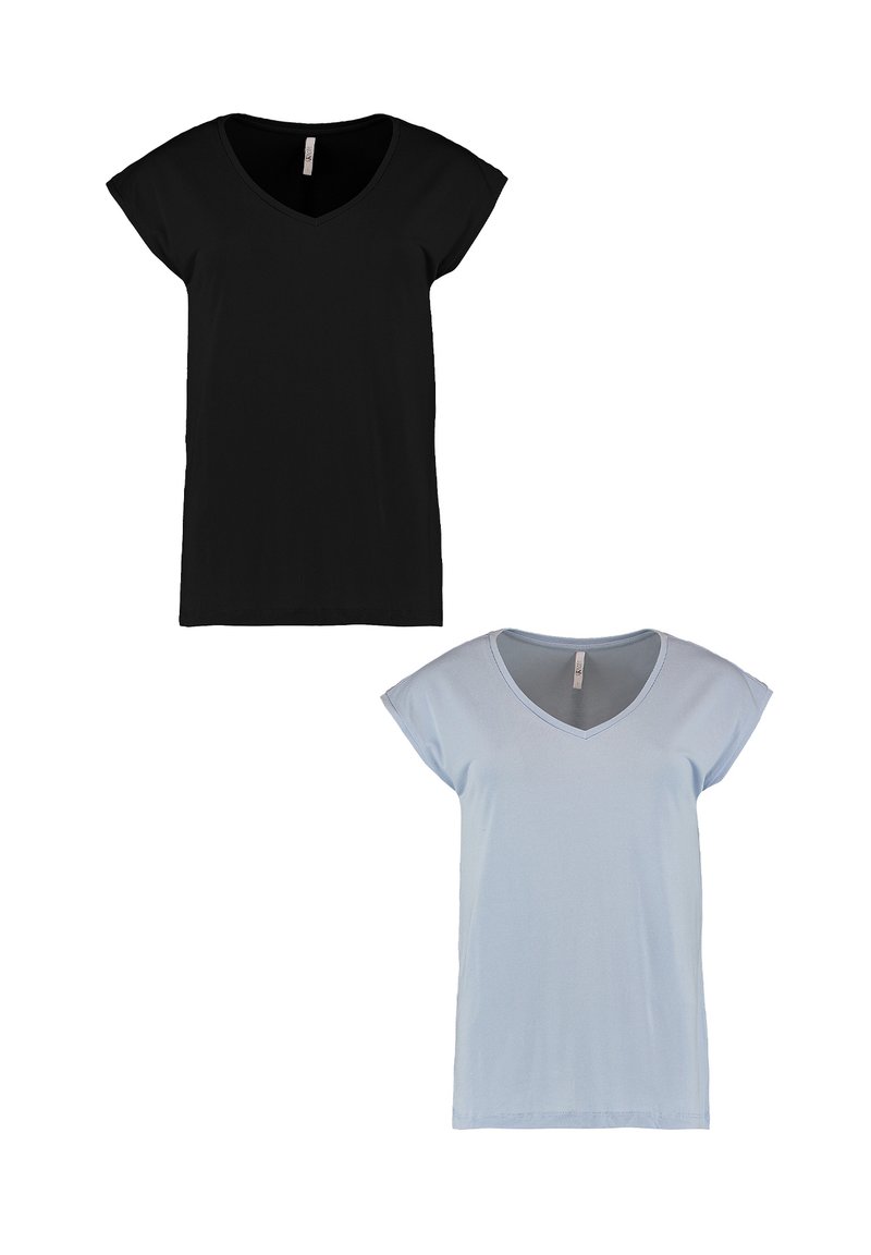 Two short-sleeve t-shirts: one black and one light blue. Both feature a V-neck design and soft, smooth fabric texture.