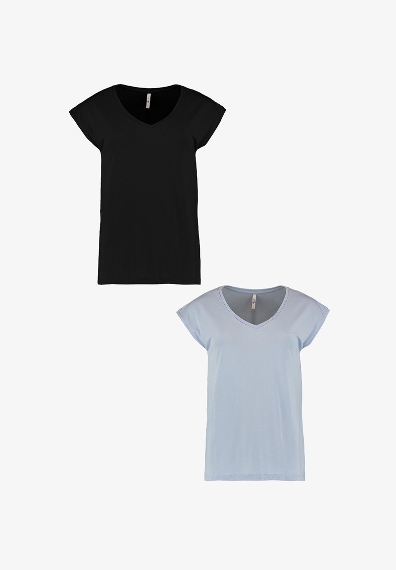 Two short-sleeve t-shirts: one black and one light blue. Both feature a V-neck design and soft, smooth fabric texture.