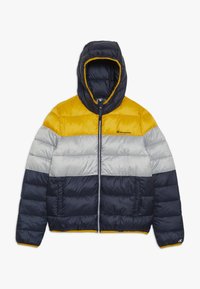 Tjock jacka med huva, med färgblock i gult, grått och marinblått. Tillverkad av syntetmaterial, den har en dragkedja framtill och sidofickor.