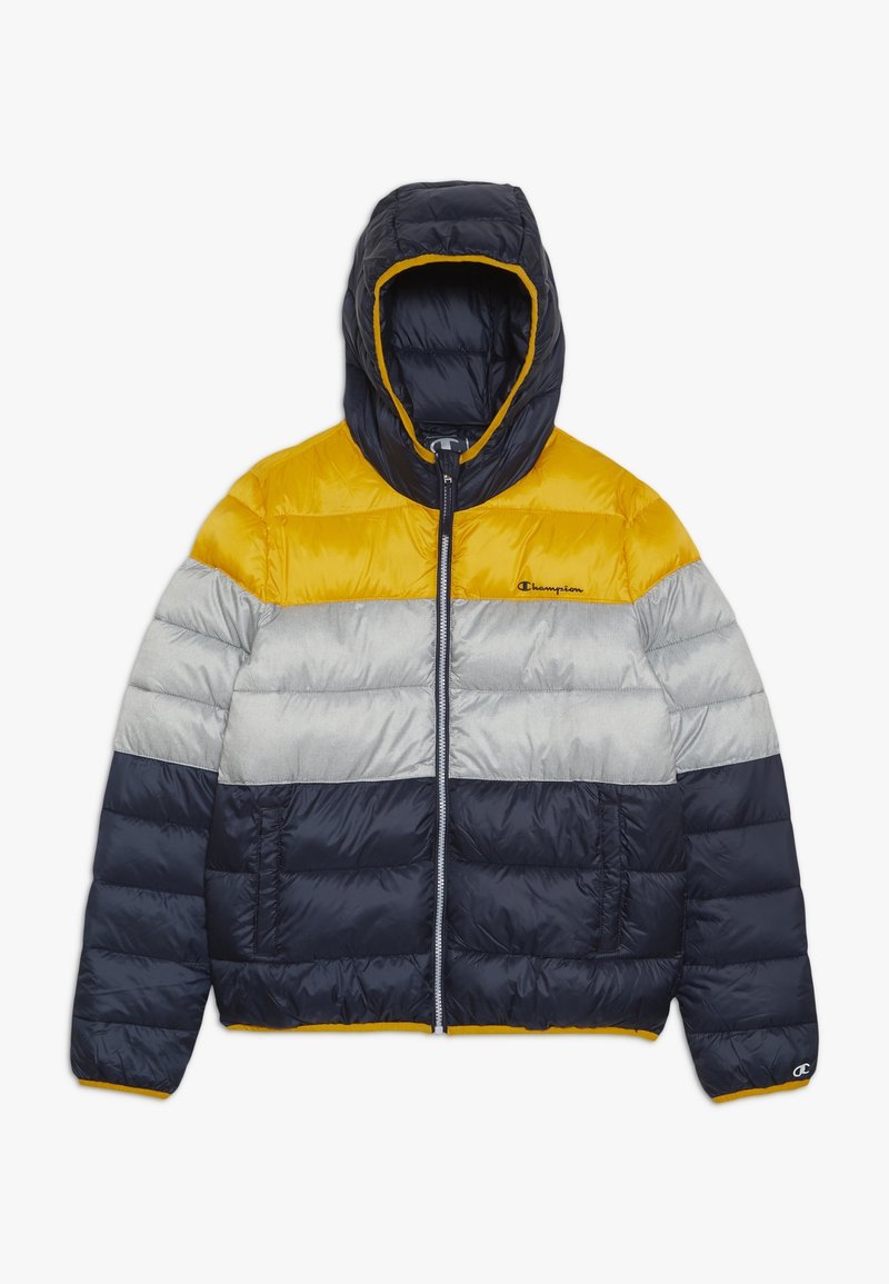 Tjock jacka med huva, med färgblock i gult, grått och marinblått. Tillverkad av syntetmaterial, den har en dragkedja framtill och sidofickor.