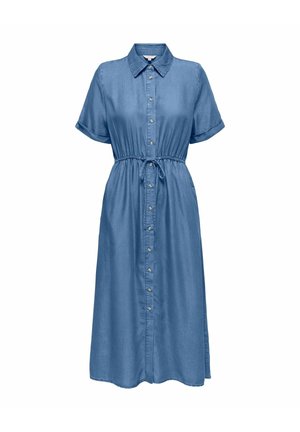 Robe midi en denim bleu avec manches courtes, boutonnage devant, col et taille ajustable avec cordon.