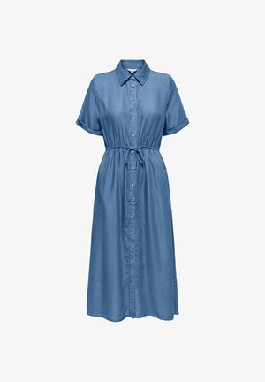 Robe midi en denim bleu avec manches courtes, boutonnage devant, col et taille ajustable avec cordon.