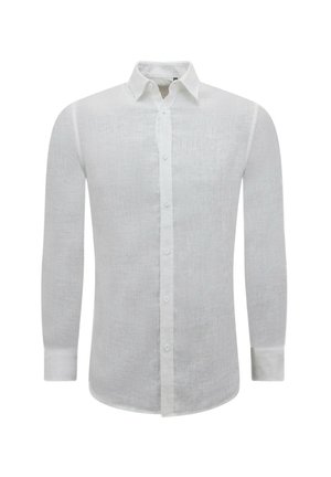 Witte lange mouwen linnen blouse met een knoopsluiting kraag, effen textuur en een rechte zoom. Voorzien van een knoopsluiting aan de voorkant en manchetten.