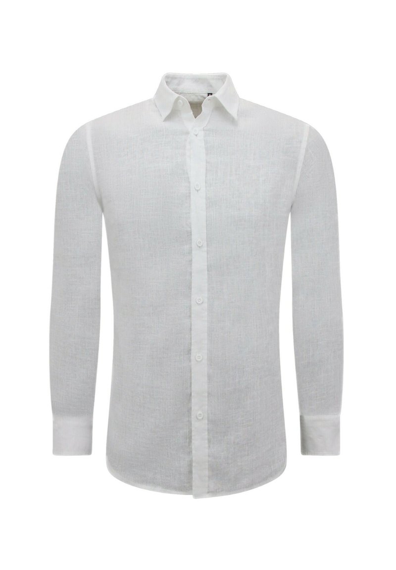 Witte lange mouwen linnen blouse met een knoopsluiting kraag, effen textuur en een rechte zoom. Voorzien van een knoopsluiting aan de voorkant en manchetten.