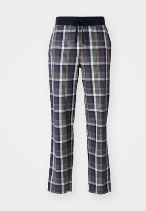 Pantalones de lounge a cuadros con una cinturilla elástica en color azul marino, que presentan tonos alternos de azul marino, marrón y blanco en un patrón de cuadrícula, hechos de una tela suave.