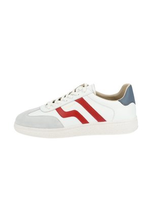 White sneaker with grey suede and red stripes, featuring a textured white rubber sole and a light grey accent on the heel.