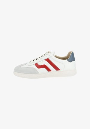 White sneaker with grey suede and red stripes, featuring a textured white rubber sole and a light grey accent on the heel.