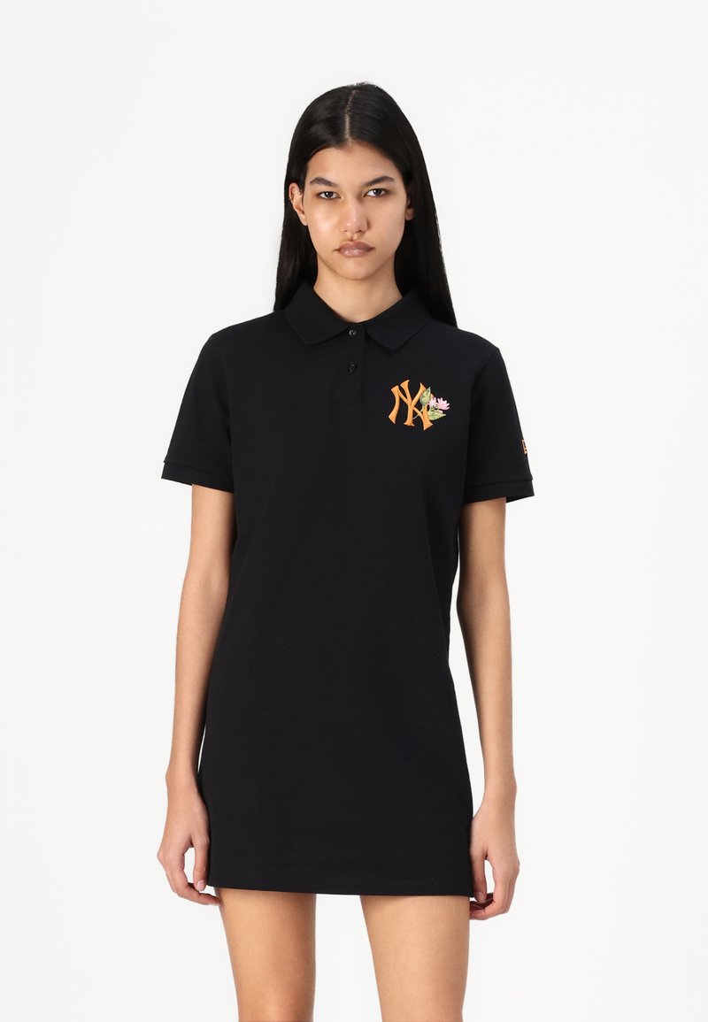 Black polo dress made of cotton with a collar, featuring an orange NY logo and floral embroidery on the chest. Short sleeves.