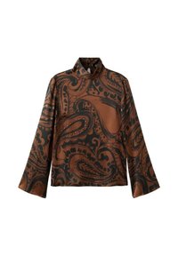 Blusa marrón con estampado de cachemira, mangas largas, cuello alto y textura suave de satén. Presenta detalles en negro en el diseño.
