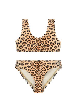 Bikini-Set im Leopardenmuster mit gewellten Kanten, hergestellt aus glattem Material mit einem nude-farbigen Grundton und schwarzen sowie braunen Flecken.