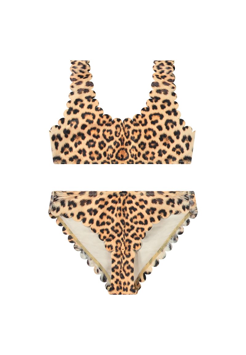 Bikini set s potlačou leopardieho vzoru s vlnitými okrajmi, vyrobený z hladkej látky s telovým základom a čiernymi a hnedými škvrnami.
