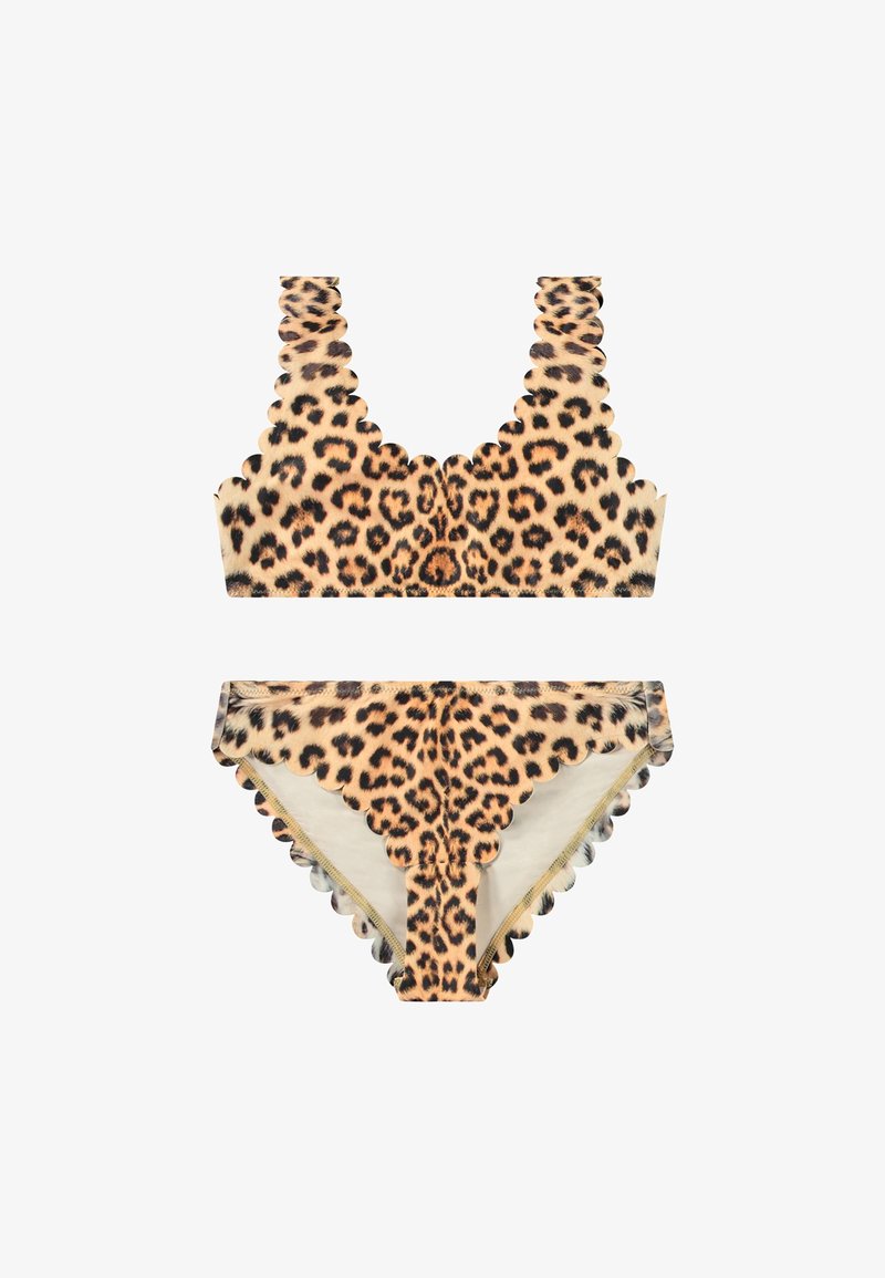 Conjunto de bikini em padrão de leopardo com bordas rendadas, confeccionado em tecido suave com uma base nude e manchas pretas e castanhas.