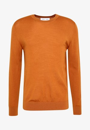 Oranssi neulepusero, jossa on pitkät hihat, pyöreä pääntie, resorikujat ja helma, sileä pinta ja tasainen värijakauma.