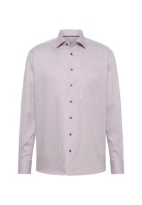 Camicia a maniche lunghe in tessuto lilla chiaro con piccoli pois bordeaux, caratterizzata da un colletto a camicia e una singola tasca sul petto.