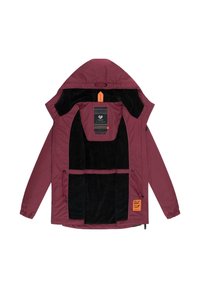 Giacca color mogano con cappuccio, foderata di pile nero, dettagli arancioni e molteplici tasche interne. Chiusure con zip e coulisse.