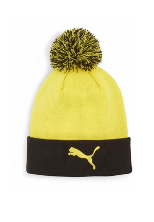 Žlutá pletená čepice s černým lemem, na vrchu je žlutý a černý bambulí. Na přední straně se nachází malé žluté logo Puma.