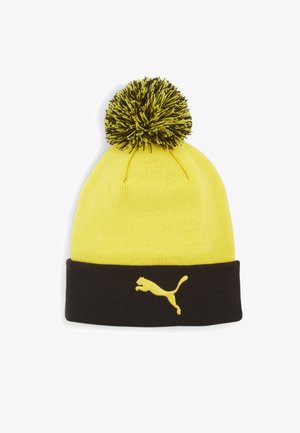 Žlutá pletená čepice s černým lemem, na vrchu je žlutý a černý bambulí. Na přední straně se nachází malé žluté logo Puma.