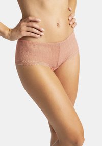 Slip hipster light peach in pizzo con un design semi-trasparente, motivi floreali e una morbida vita elastica.