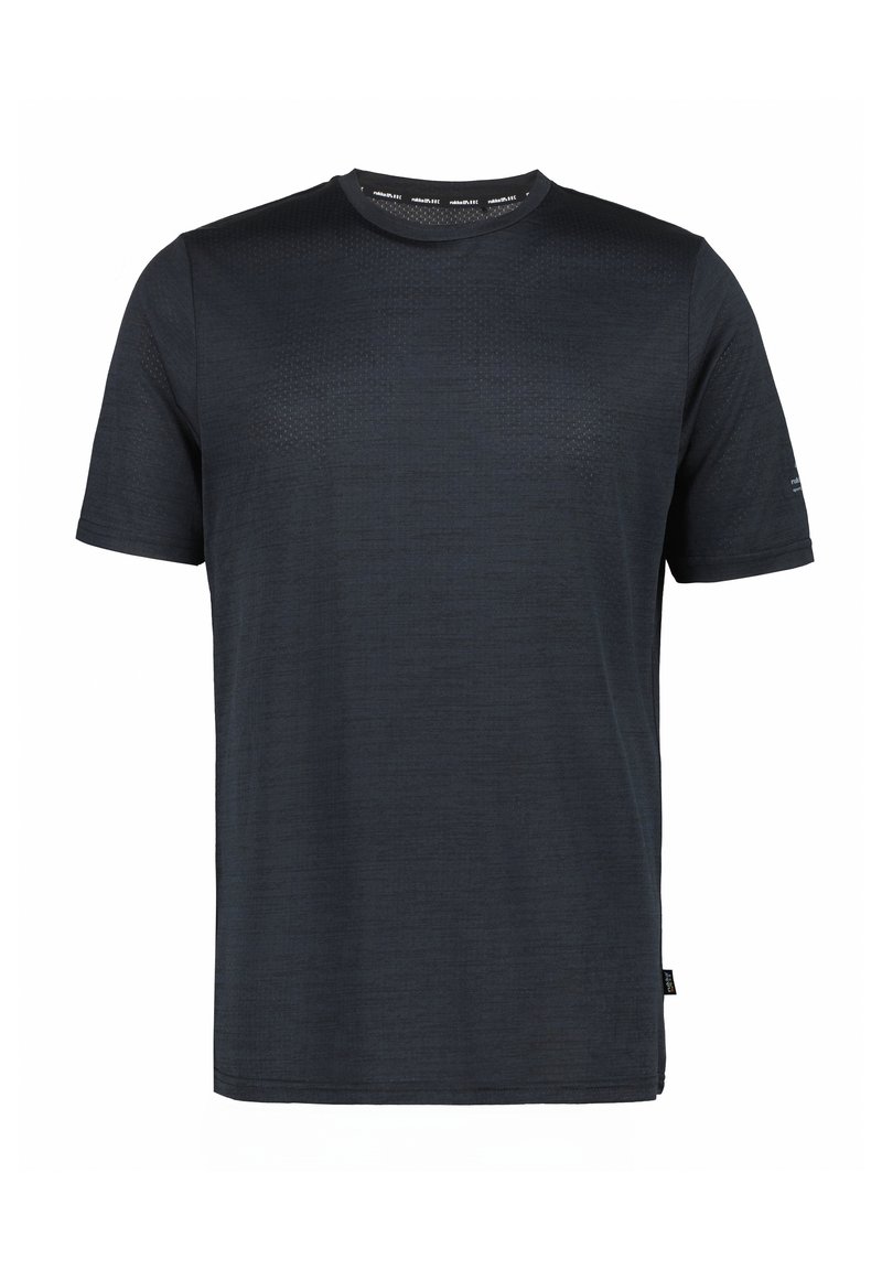 T-shirt da uomo a maniche corte in blu scuro, con una texture liscia e un motivo sottile, collo girocollo e un'etichetta sul lato sinistro della cucitura.