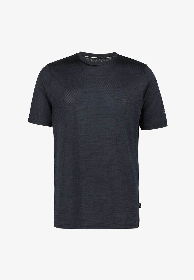 T-shirt da uomo a maniche corte in blu scuro, con una texture liscia e un motivo sottile, collo girocollo e un'etichetta sul lato sinistro della cucitura.