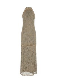 Lace halter neck dress in tan, featuring a textured wave pattern, thigh-high slit, and decorative cutouts at the neckline and waist.